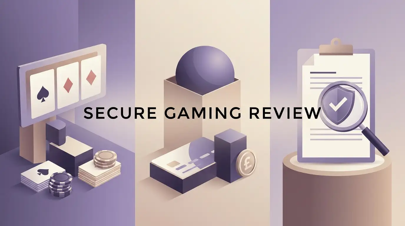 Illustration representing a UK-focused casino review with licence, payment and game themes