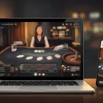 Illustration of a live casino table viewed on a laptop and phone without brand logos or interface text