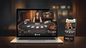 Illustration of a live casino table viewed on a laptop and phone without brand logos or interface text