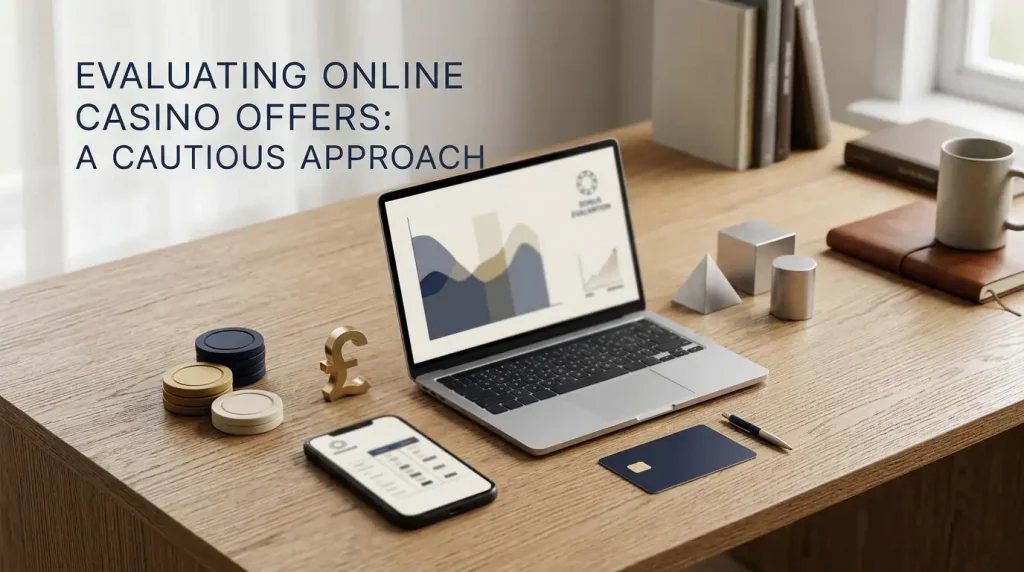 Illustration of a UK player comparing online casino bonus terms on a laptop