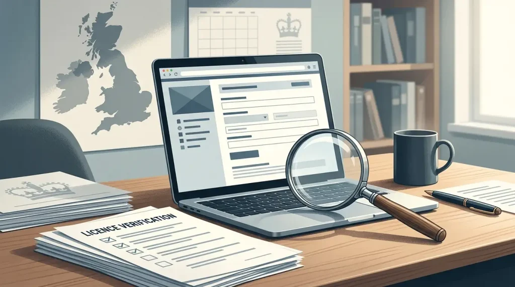 Illustration of a UK reader comparing gambling licence records and trust checks on a laptop