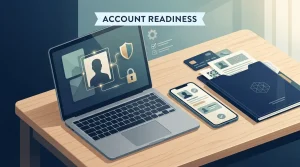 Illustration of account setup on a laptop and phone with neutral identity-check symbols and no brand interface