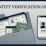 Illustration of identity verification with a neutral document folder, shield and account check symbols without fake casino interface