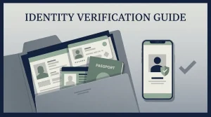 Illustration of identity verification with a neutral document folder, shield and account check symbols without fake casino interface