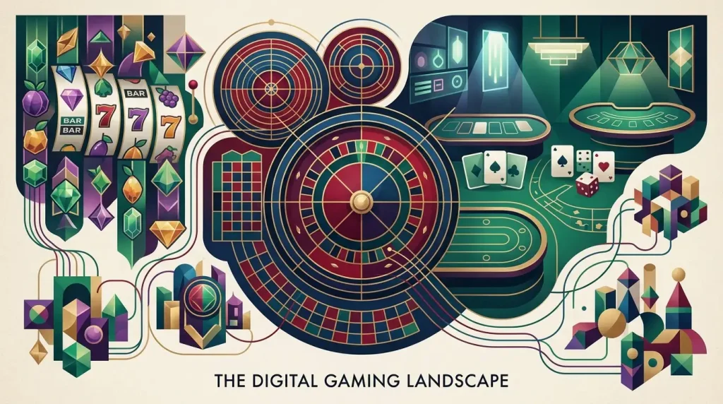Illustration representing slots, live casino and game-provider variety